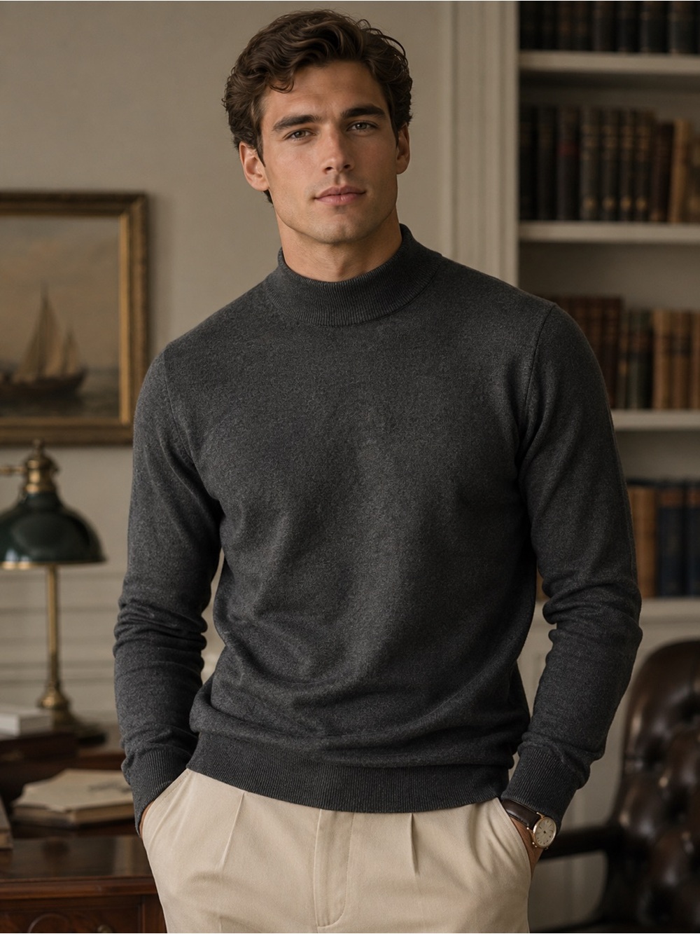Black Brown 1826 Men's XL Charcoal Gray 100% Italian Merino Turtleneck Sweater